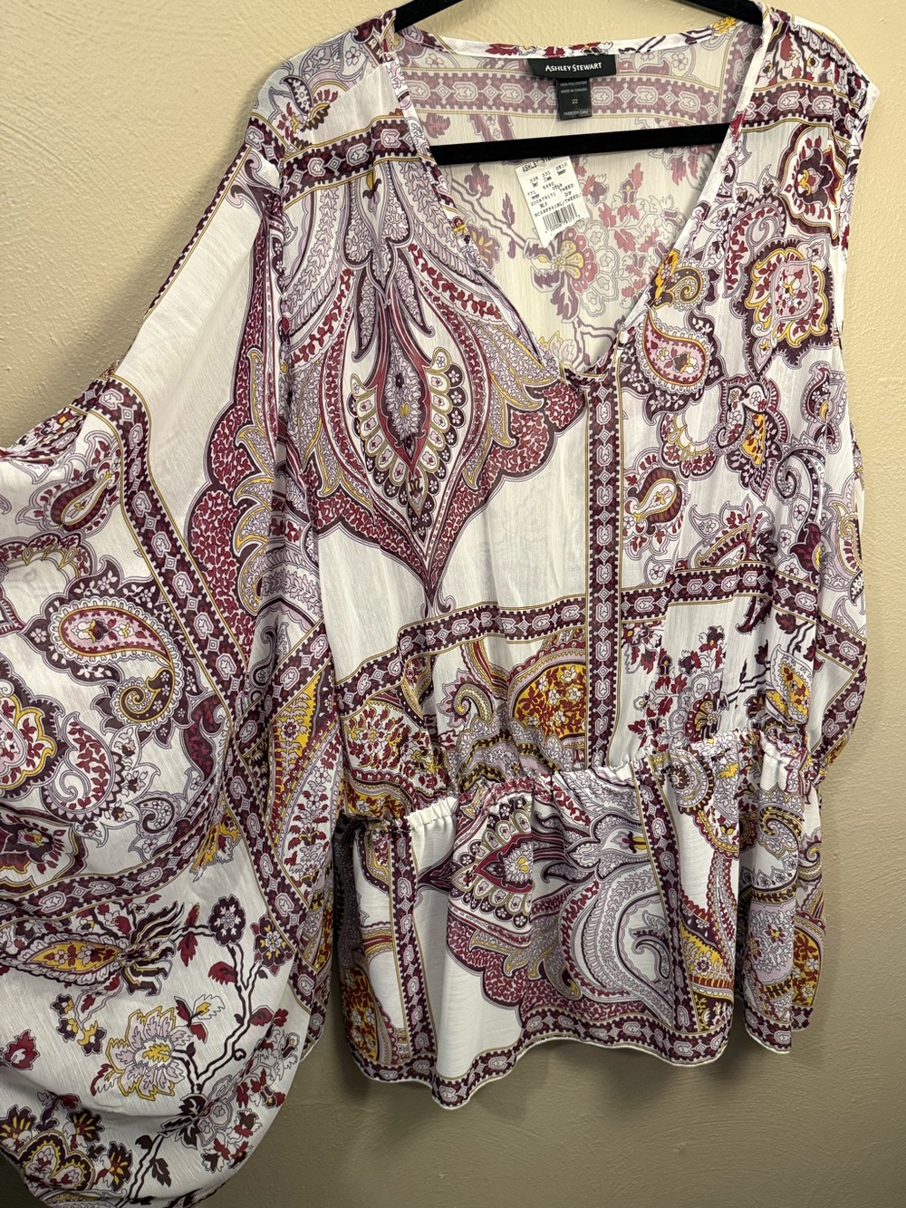 Ashley Stewart NWT White Purple Paisley One Shoulder Boho Blouse Women’s Size 22